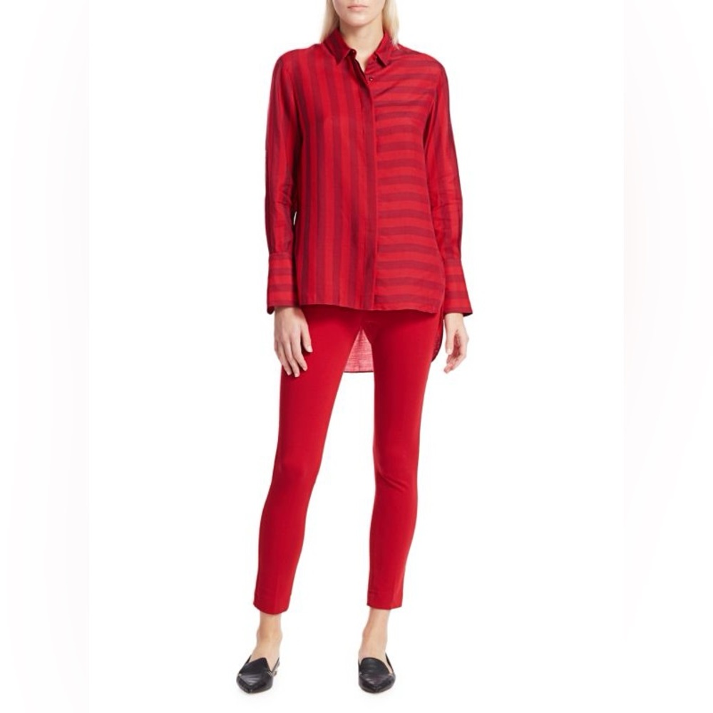 AKRIS PUNTO Tonal Stripe‎ High Low Blouse In Luminous Red Size 6 New